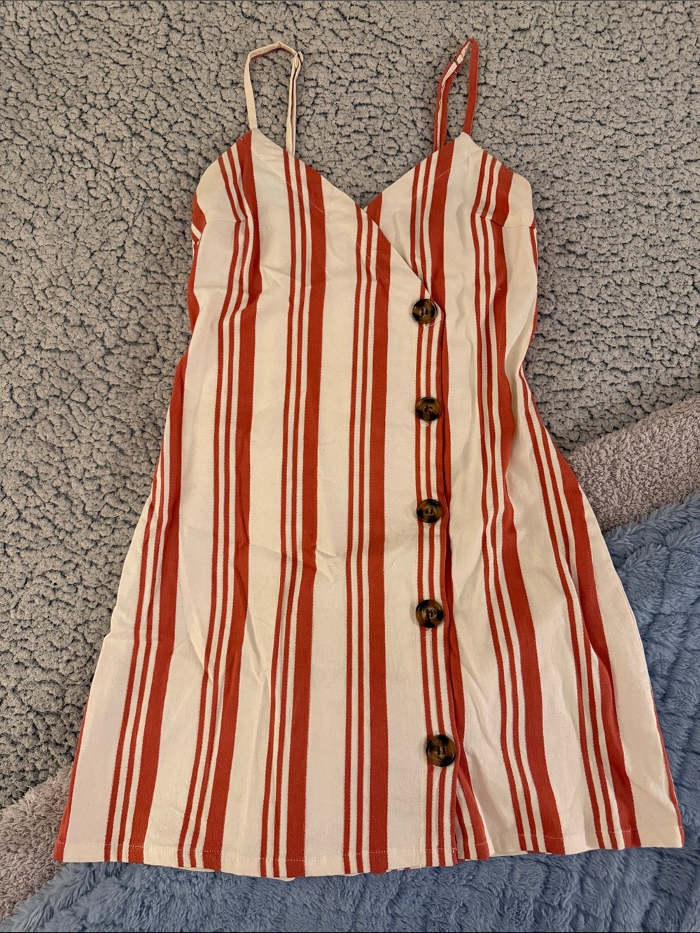 Sky and Sparrow Cream and Rust-Striped Button Dress